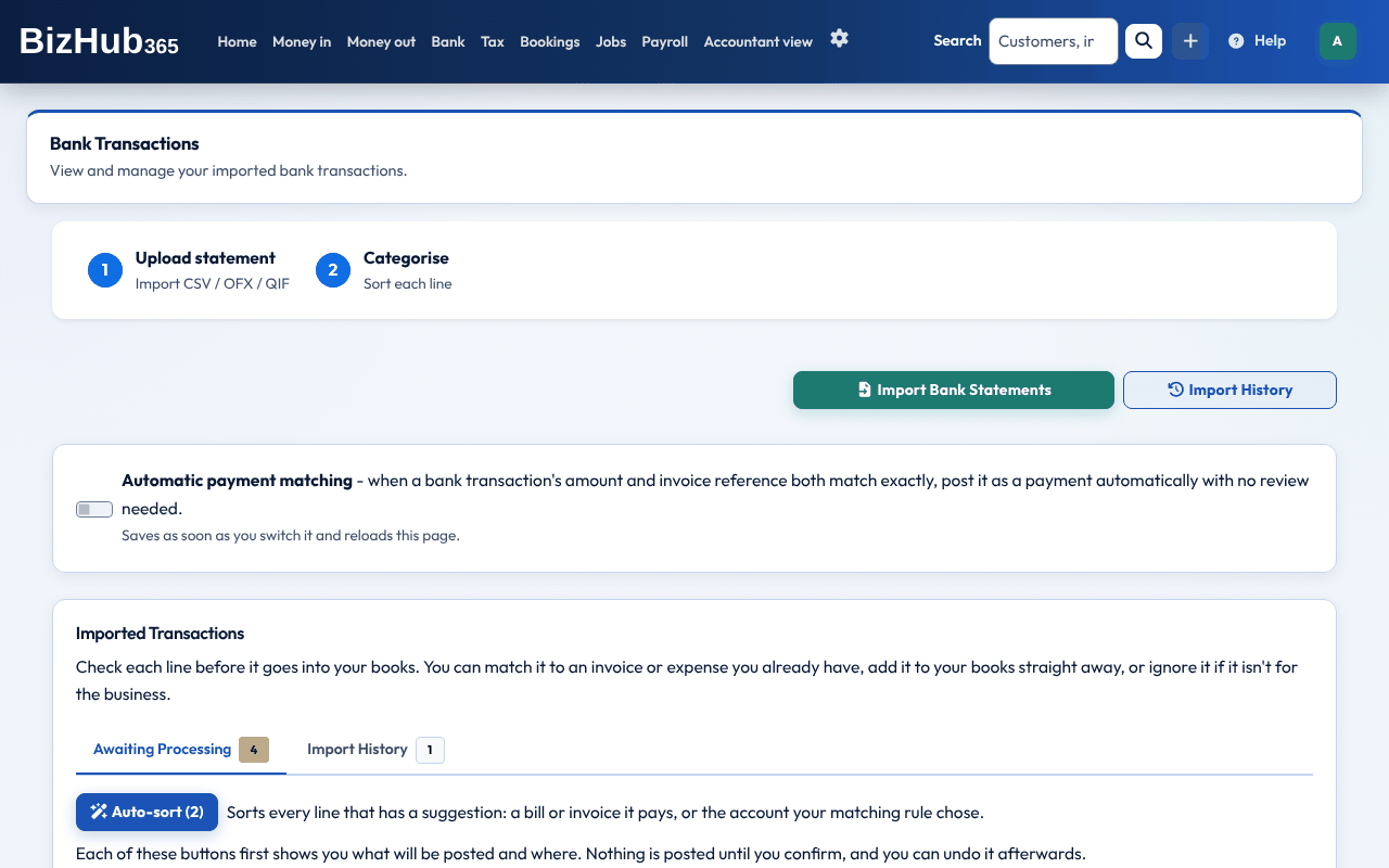 Bank Transactions in BizHub365 for a demo business: Import Bank Statements, then the Awaiting Processing list with an Auto-sort button and the note that each button first shows what will be posted and where, nothing is posted until you confirm, and you can undo it afterwards.