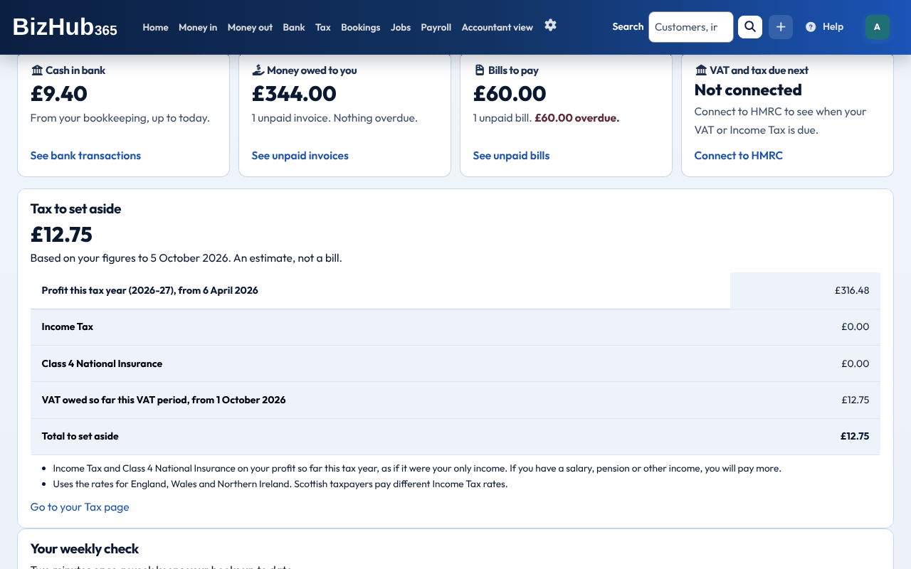The BizHub365 dashboard for a demo business. Cards for cash in bank, money owed to you, bills to pay and VAT and tax due next, then Tax to set aside: profit this tax year, Income Tax, Class 4 National Insurance, VAT owed so far this VAT period and the total, marked as an estimate, not a bill.